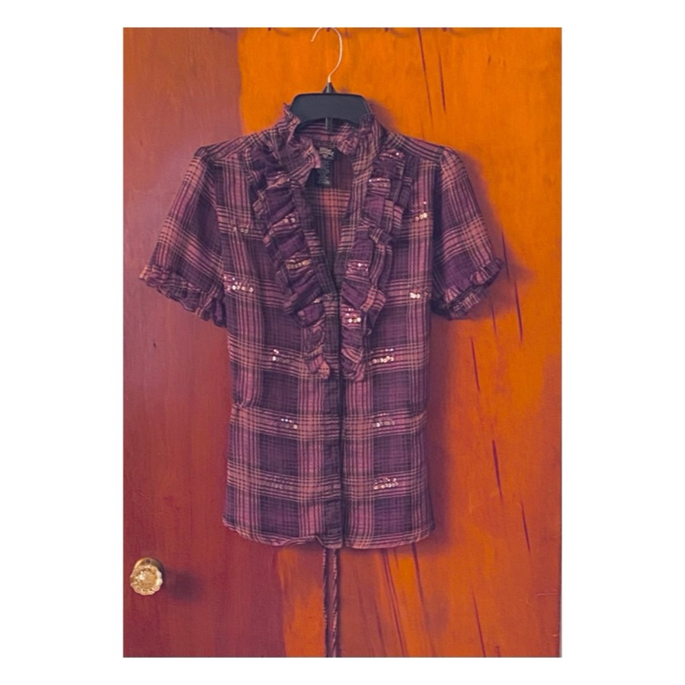 EUC Sheer Plaid Ruffle Front  Blouse